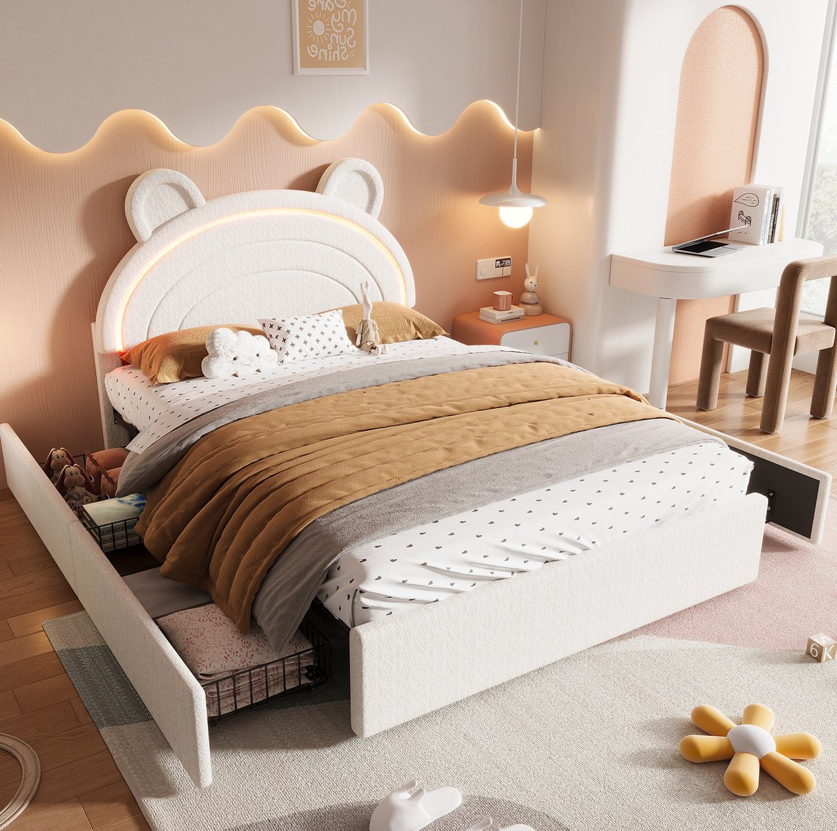 MODENUIT Kinderbed – 140 x 200 Cm – Met Vier Lades En Ledverlichting – Fluweel – Beige – Met Berenhoofdbord