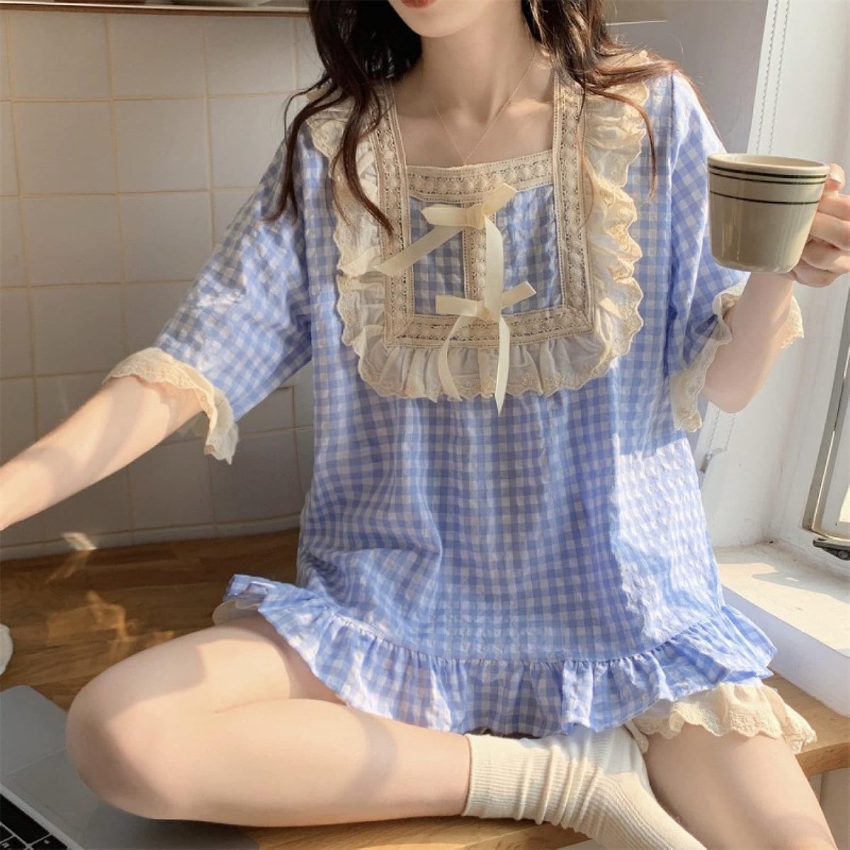 Kanten Vierkante Kraag Pyjama Sets - Zachte Zoete Strik Korte Mouw Geruite Print Contrasterende Kleur Mooie Nachtkleding, Dames Chic Homewear Casual Student Nachtkleding Zachte Kleding Zusters