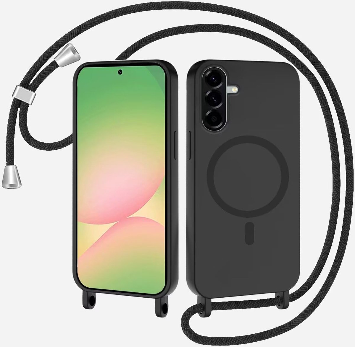 Telefoonhoesje met koord voor Samsung Galaxy A26, compatibel met MagSafe, draadloos opladen, siliconen koord, telefoonhoes met afneembaar koord om om te hangen, zwart