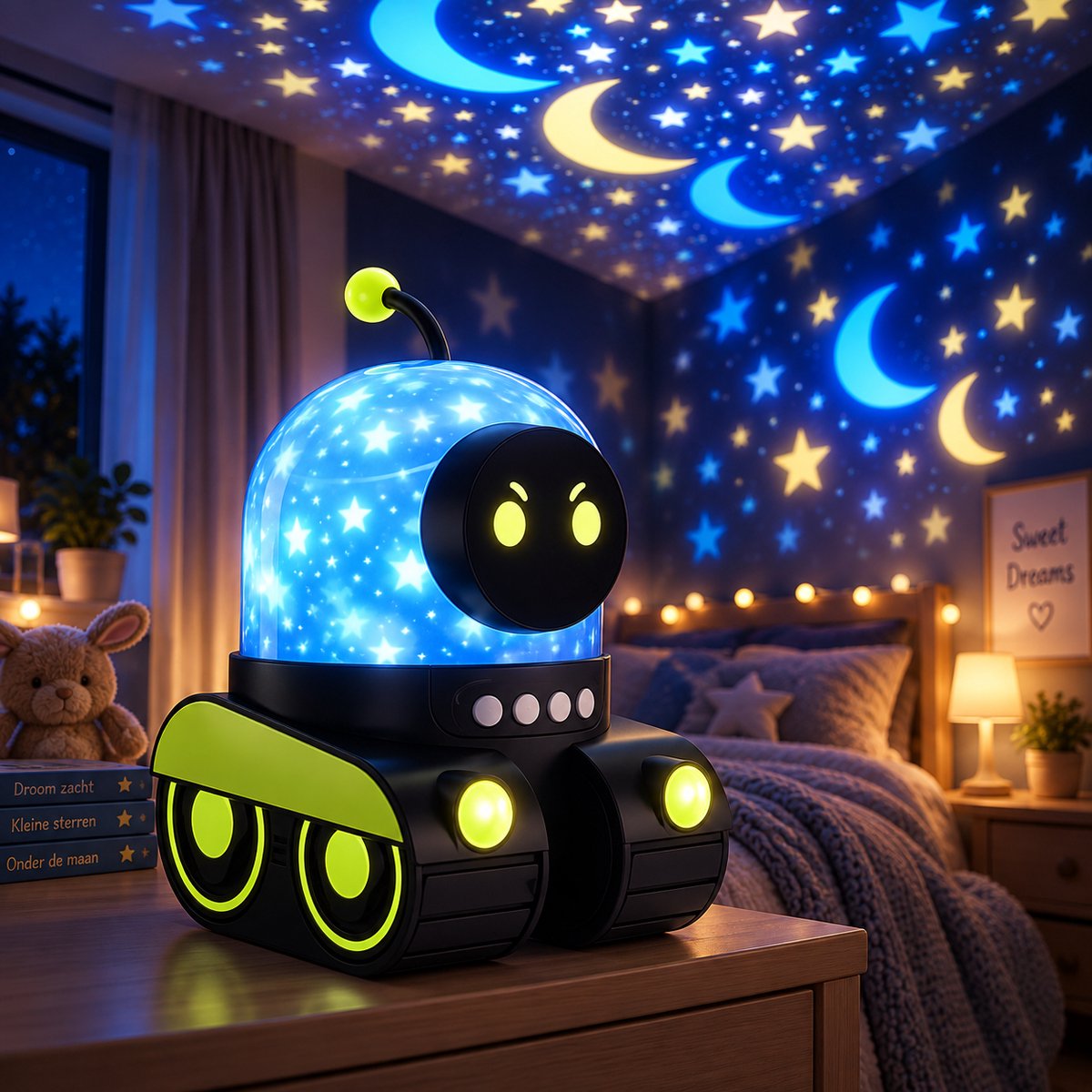 Sercano Sterrenprojector Kinderen – Nachtlampje met Ingebouwde 8 muziek – 6 Projectiefilms – Oplaadbaar – 5 uur Gebruiksduur – Robot