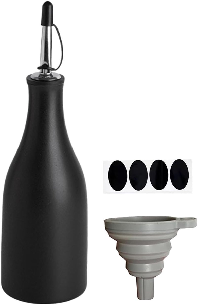 Druppelvrije oliefles keramische olijfoliedispenser oliefles met zwaartekrachtmondstuk, met trechter, onderglazuur op hoge temperatuur, voor oliën, azijn, keukengerei, zwart
