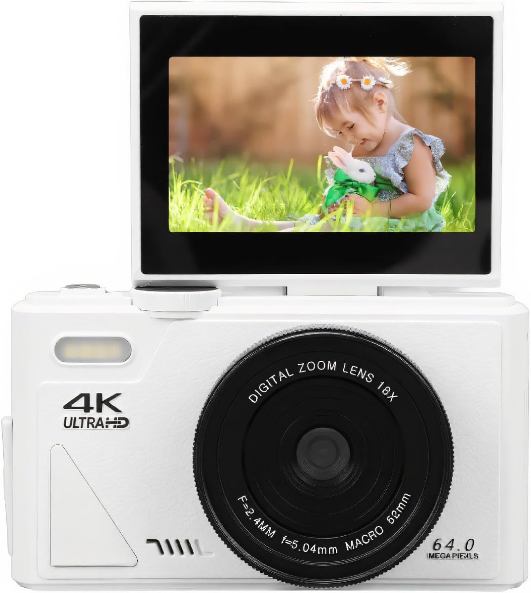 64 MP 4K UHD Digitale Camera voor Fotografie, 18x Zoom Autofocus Compactcamera's met 3 Inch Flip-scherm, 1150 MAh Oplaadbare Vlogcamera (WHITE)