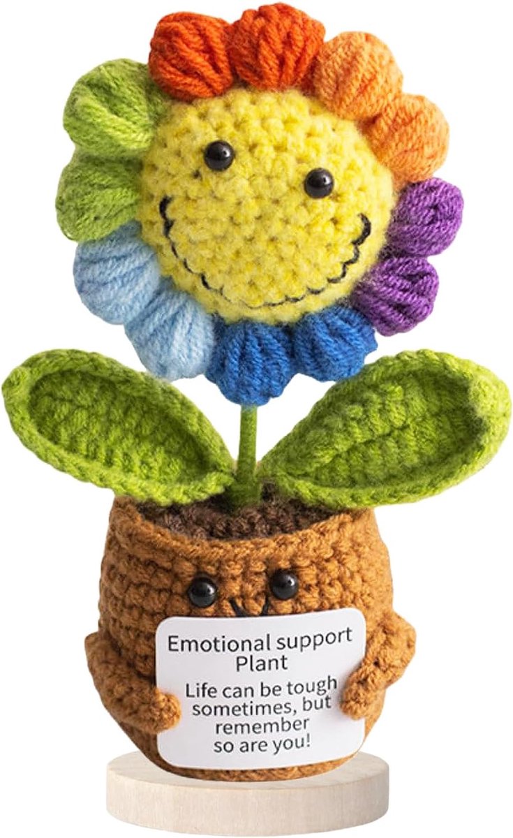 Hug Positieve zonnebloem, creatieve breiwol, zonnebloem pop, gebreide geschenken met sokkel, cadeau voor moedermaker, goed beterschapscadeau, afstudeercadeau