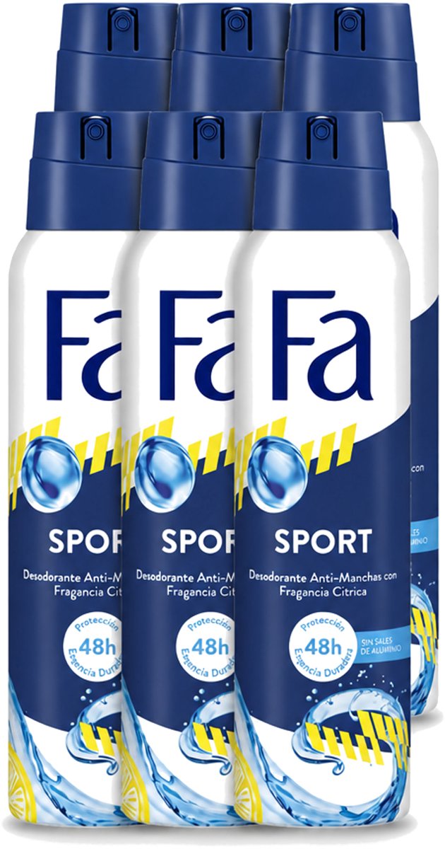 6 x Fa - Deodorant Spray - Sport - Citroen - Tegen Vlekken - 48 uur Bescherming - 150 ml - Voordeelverpakking - 6 stuks