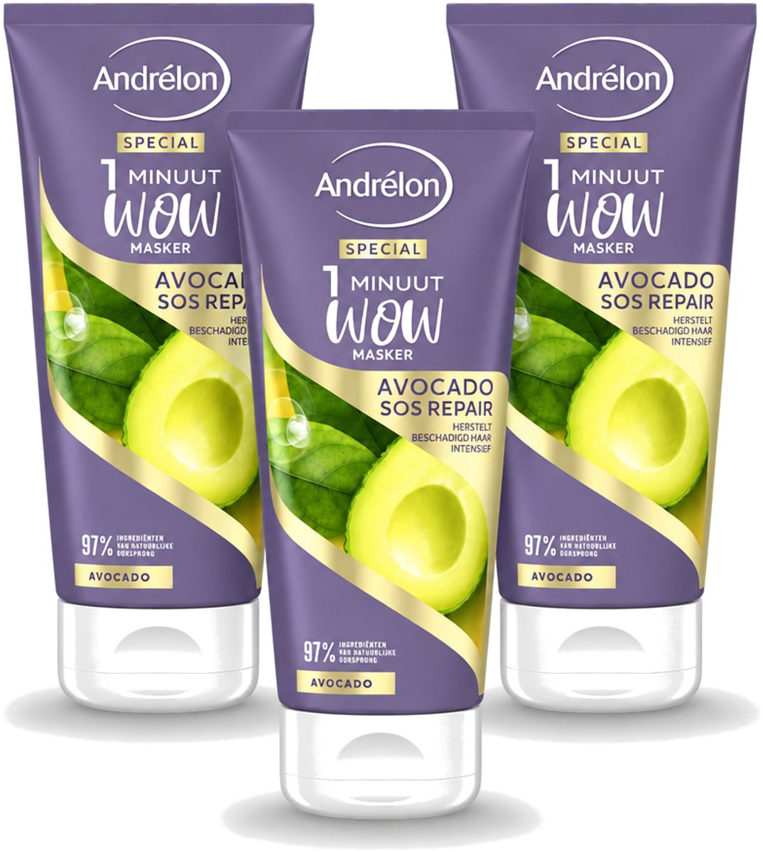 3 x Andrélon - 1 Minuut Wow Haarmasker - Avocado SOS Repair - 180 ml - Bulkverpakking - 3 stuks