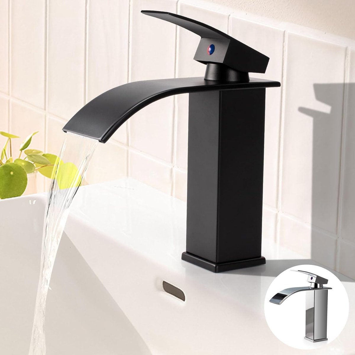 Kraan Badkamer Wastafelkraan Waterval Kraan voor Badkamer Modern Waterval Badkamerkraan Eengreepsmengkraan Badkamer Wastafel Mengkraan Warm en Koud Verstelbare Wastafelarmatuur (Zwart)