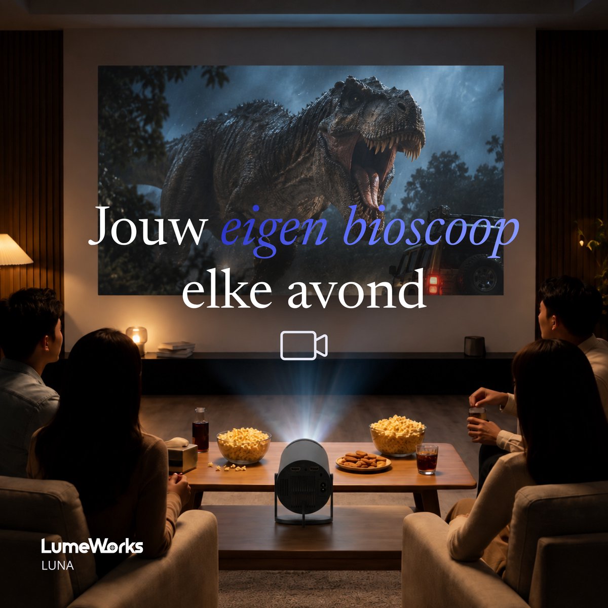 LumeWorks Luna Mini Beamer 2026 - 4K Support - Smart Projector met Android 14 - WiFi 6 & Bluetooth - Home Cinema - Draagbaar - Streamen vanaf Telefoon - Zwart thumbnail 6