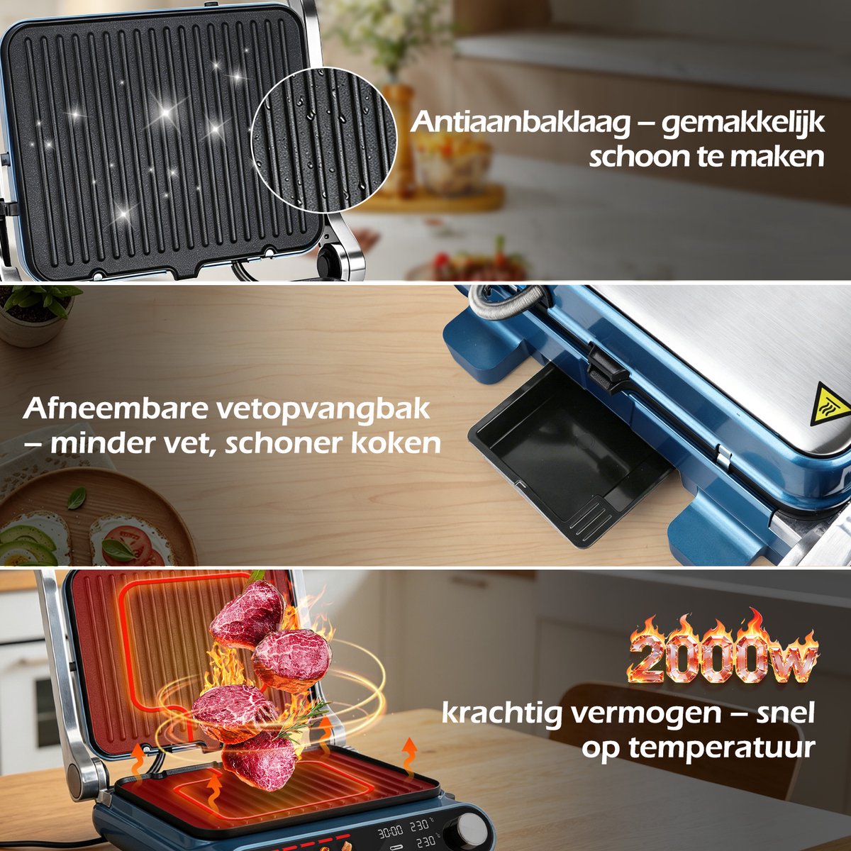 Taylor Swoden Pantheon - Tosti apparaat - Contactgrill - Dubbele Temperatuurregeling - Tosti ijzer - 2000W - Panini Grill met Touchscreen en Draaiknop - 180° Uitklapbaar - Temperatuursonde - Instelbare Hoogte thumbnail 4