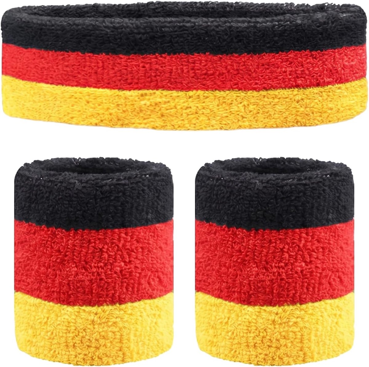 3-delige set: 1 hoofdband en 2 sportarmbanden, absorberende katoenen hoofdband voor tennis, padel, sportschool en voetbalfans, kleuren: zwart, rood en geel