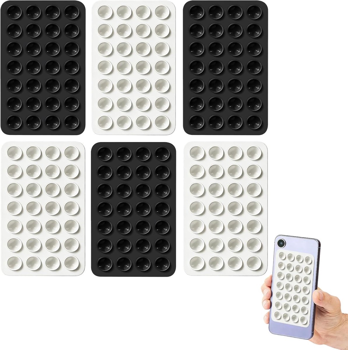 6 stuks siliconen telefoonhouders, multifunctionele siliconen zuignap voor mobiele telefoon anti-slip houder zuignap telefoonhoes voor keuken muur badkamer make-upspiegel raam, zwart wit