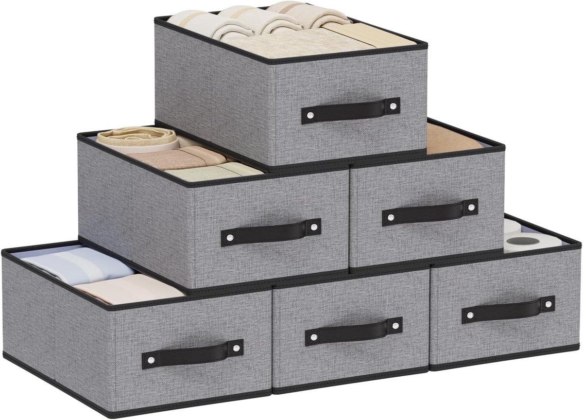 Kastbak met handgrepen, opvouwbare opbergmanden, stoffen containers opbergdozen voor het organiseren van planken, grijs, 6-pack, medium, 33×23×14cm