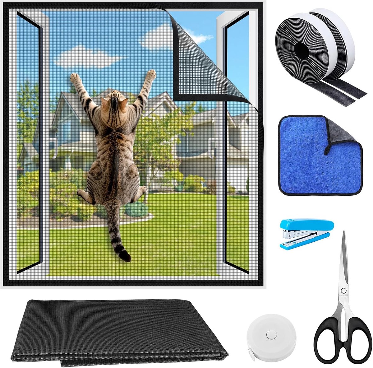 Vliegengaas voor ramen, kattenveilig, verstelbaar kattenrooster, raam zonder boren, kattennet, krasbestendig, kattenvensterrooster, insectenbescherming, stabiel voor binnenramen (130 x 150 cm)
