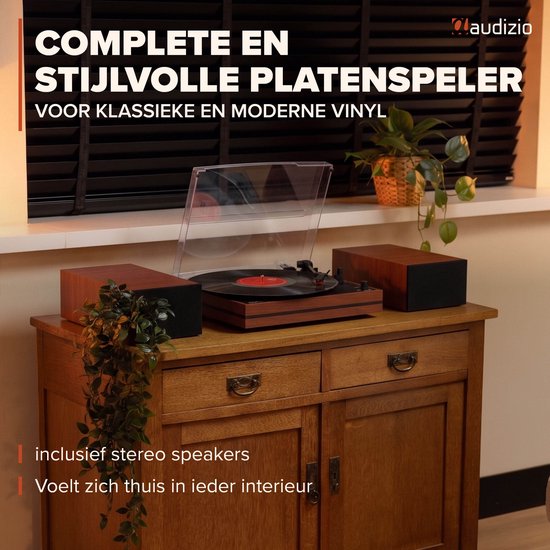 Platenspeler met speakers - Audizio Akron - LP speler - Bluetooth - AUX - 3 snelheden - Kersen houtlook — afbeelding 2