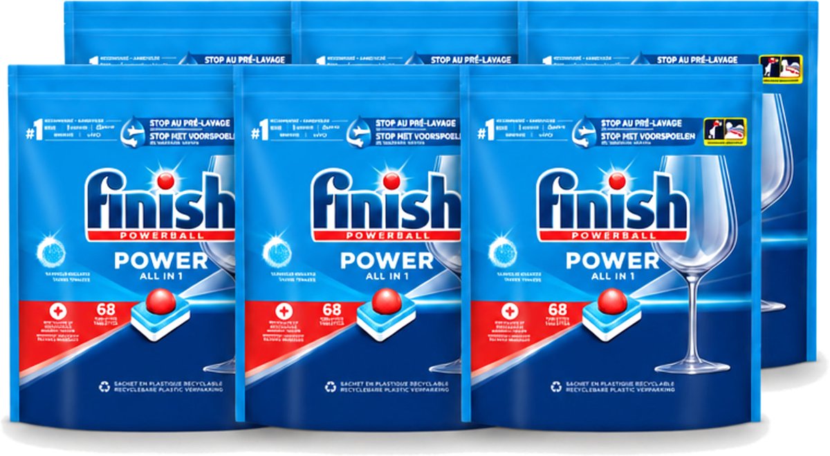 6 x Finish Powerball - Power All in 1 - Vaatwastabletten - Reiniging & Glans - 68 Tabletten - Voordeelverpakking - 6 stuks