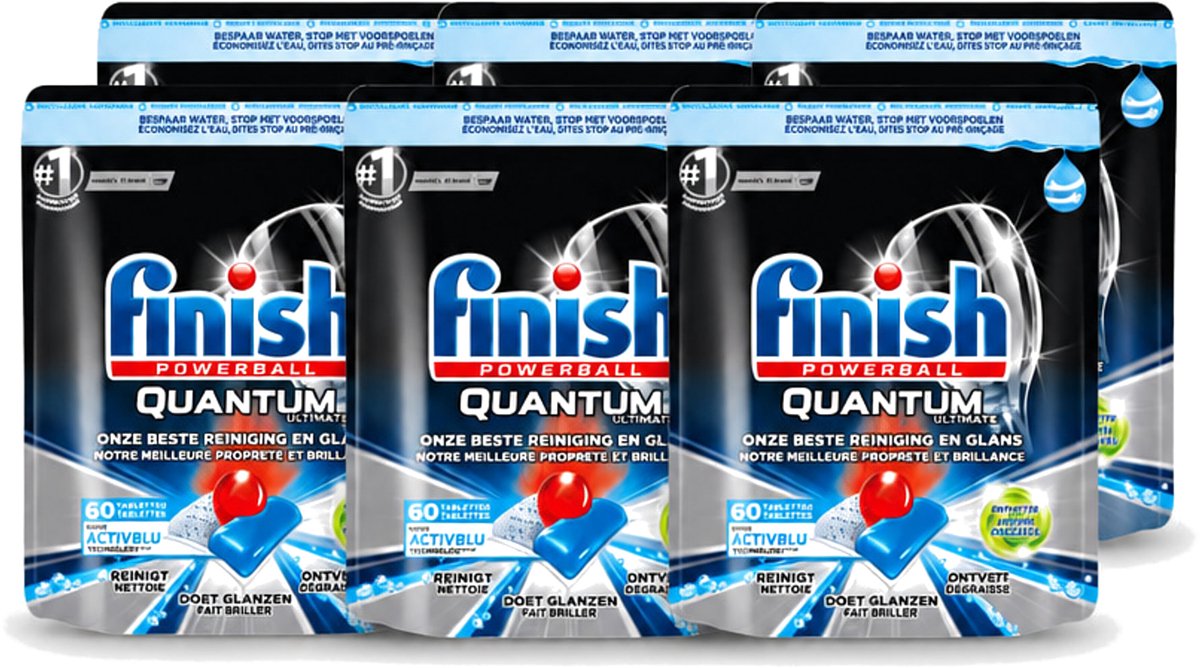 6 x Finish Powerball - Quantum Ultimate - Vaatwastabletten - Ontvetter - 60 Tabletten - Voordeelverpakking - 6 stuks