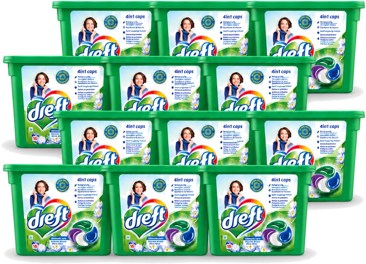 12 x Dreft - Wasmiddelcapsules 4in1 - Gekleurde Was - Blauwe Droom - 16 Wasbeurten - Voordeelverpakking - 12 stuks