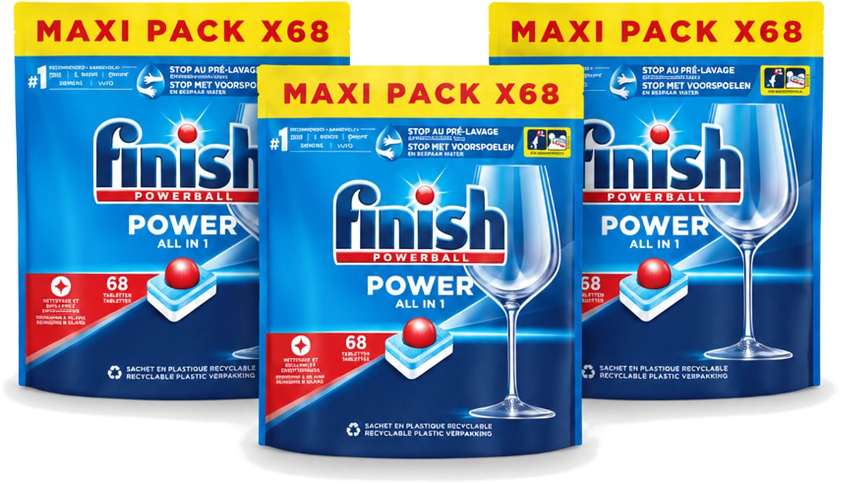 3 x Finish Powerball - Power All in 1 - Vaatwastabletten - Reiniging & Glans - 68 Tabletten - Voordeelverpakking - 3 stuks