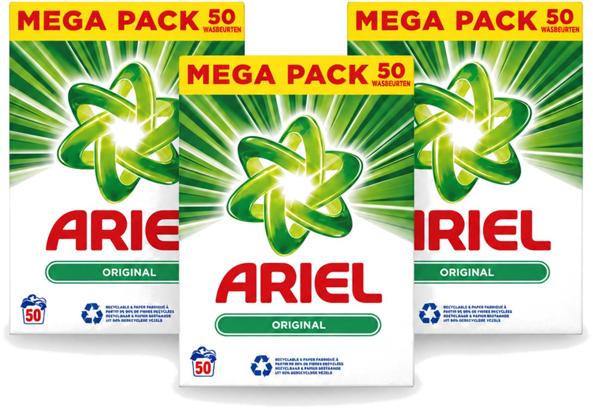3 x Ariel Original - Waspoeder - Witte en Lichtgekleurde Was - 50 Wasbeurten - Voordeelverpakking - 3 stuks