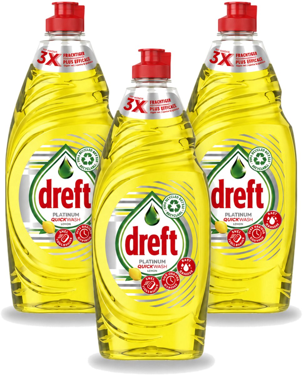3 x Dreft Platinum Quickwash - Vloeibaar Afwasmiddel - Citroen- 625 ml - Voordeelverpakking - 3 stuks