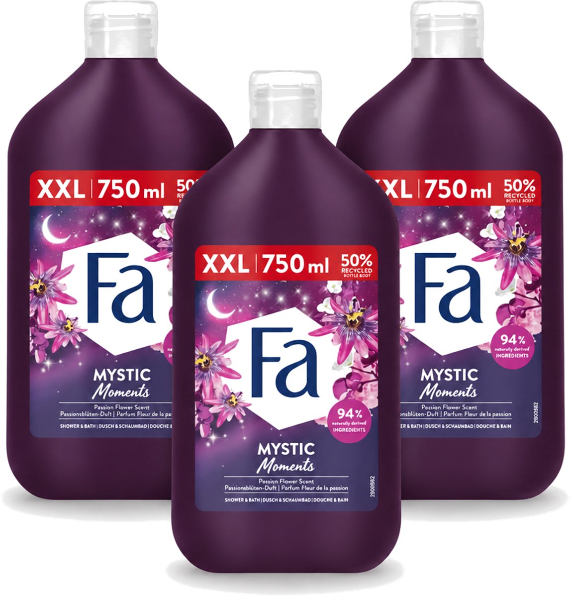 3 x Fa - Mystic Moments - Bad- & Douchegel - Passiebloem - 750 ml - Voordeelverpakking - 3 stuks