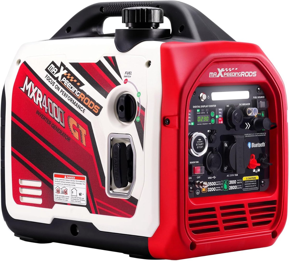 Generator 48L x 30.5B x 44H cm, 3500W piekvermogen, dual-fuel (benzine/LPG), Bluetooth, inverter, stil - Industrohome