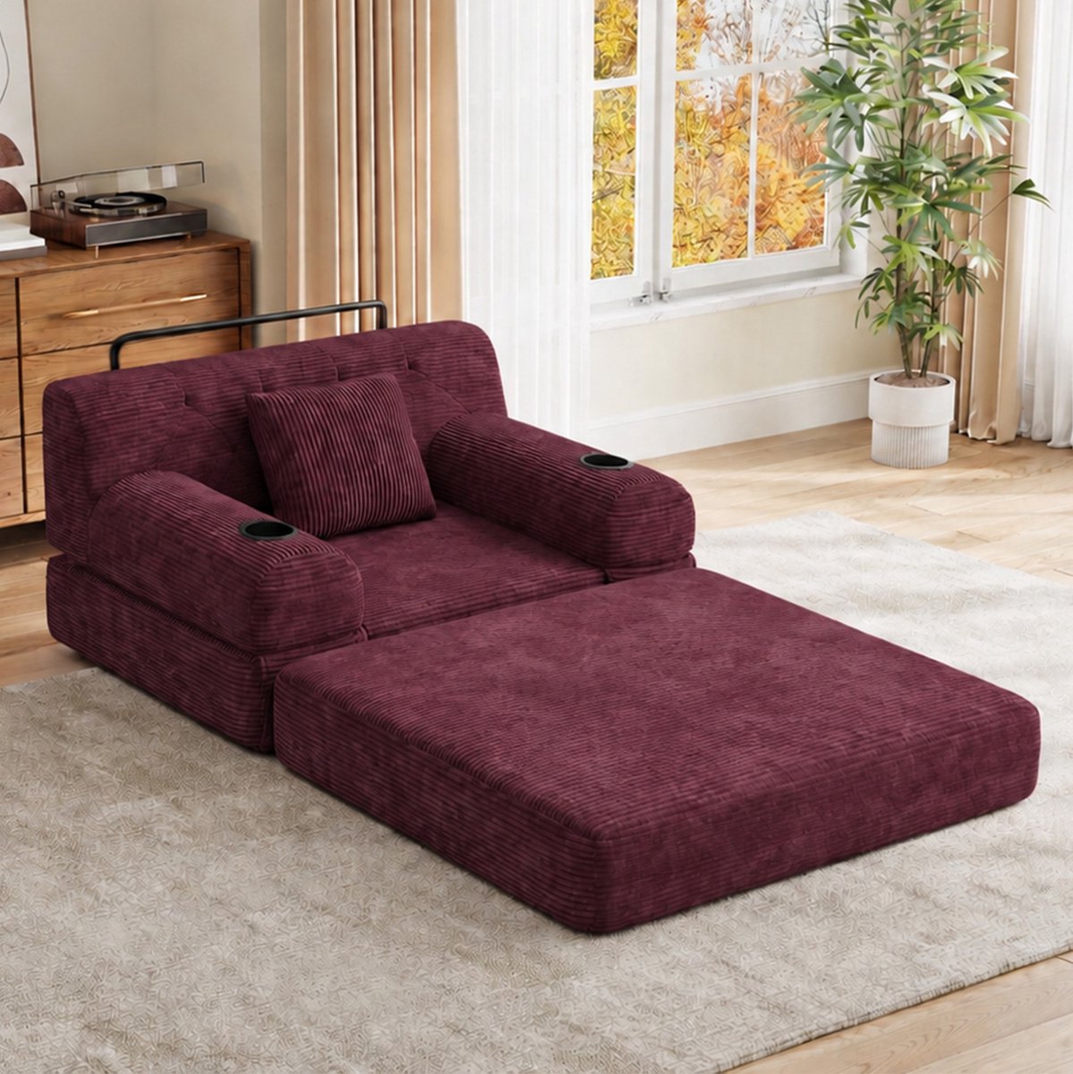 REDOM 1-zits slaapbank - Hoge rugleuning - Metalen frame - 4 zijvakken en 2 bekerhouders - Corduroy bekleding - Wijnrood - 107 x 80 x 81 cm