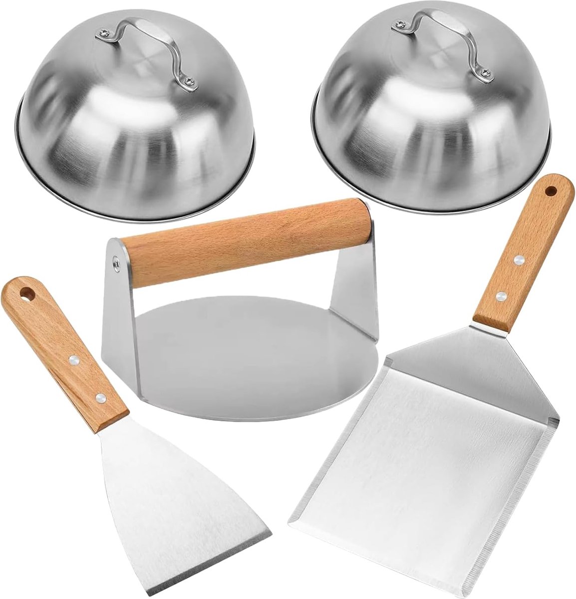 SnelShoppen - 5-delige Smash Burger Set RVS voor Plancha Gas Grill Teppanyaki - Inclusief Burger Press, Grill Spatula, Pannenwender en 2 Burger Lids v