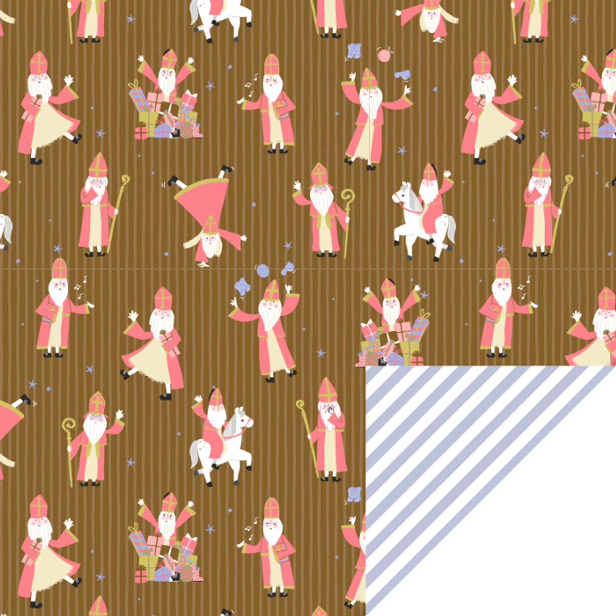 Het Inpakhuis - Cadeaupapier - Inpakpapier - Kadopapier - Sinterklaas - Pakjesavond - Acrobaat Bronze - Stripe Ice Blue - 70cm x 3mtr