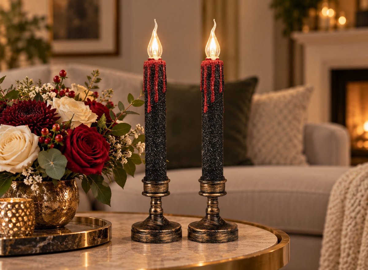 R&H® Vlamloze LED Kaarsen voor Halloween, 2 Stuks, met Bloeddruppel Design en Bronzen Sokkel, Voor Binnen