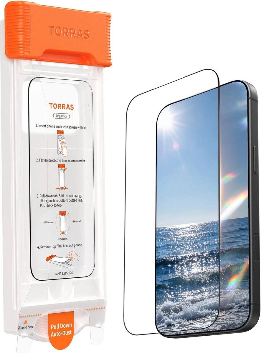 TORRAS OrigArmor 9H+ Tempered Glass Geschikt voor Apple iPhone 18 Pro Max | Screen Protector met Frame | Gemakkelijke Installatie | Volledig Dekkend | Militair Getest Glas | Anti Reflectie Glas