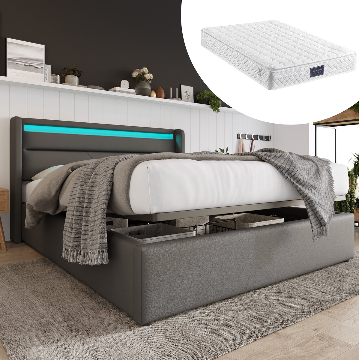 WUVRIE Hydraulisch opbergbed 140x200 cm met LED-hoofdbord, lattenbodem en kunstleren bekleding, grijs