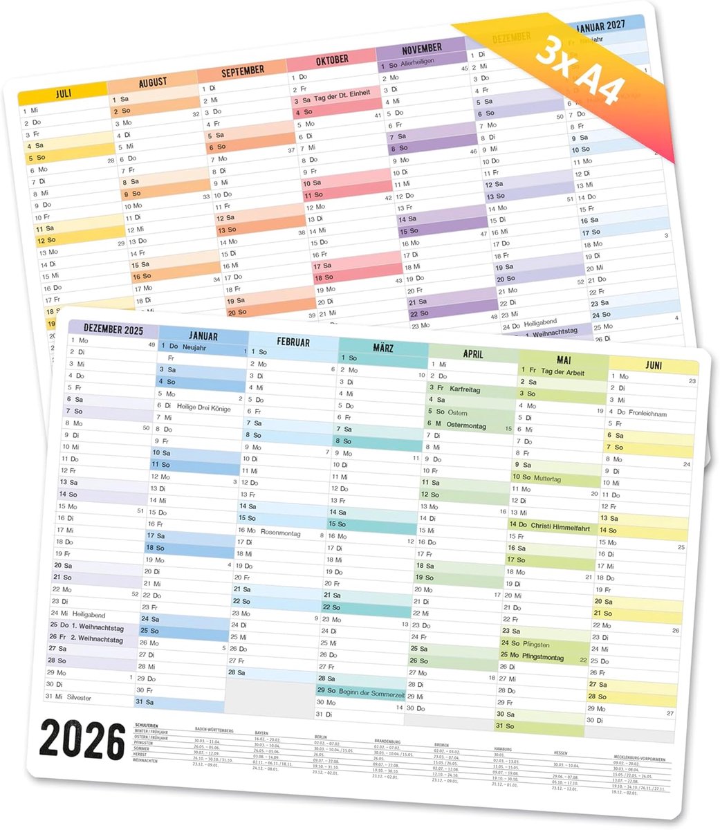 SnelShoppen - Premium Tafelkalender 2026 A4 Liggend - 14 Maanden Met Duitse Feestdagen & Vakanties - Stevige Kartonnen Jaarplanner Wandkalender - 'Rai