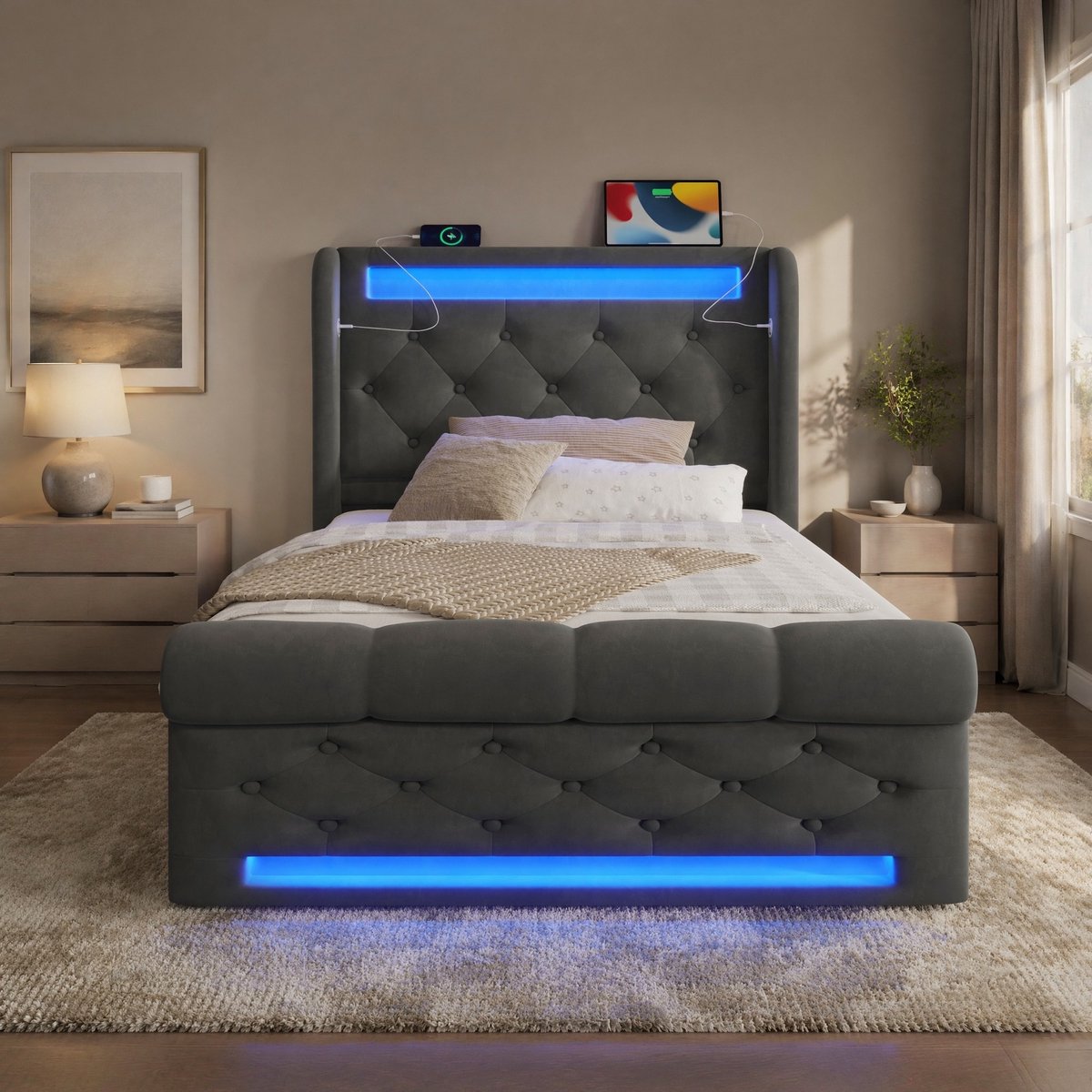 WUVRIE Gestoffeerd opbergbed 90x200 cm met LED, USB en Type-C, inclusief matras, grijs