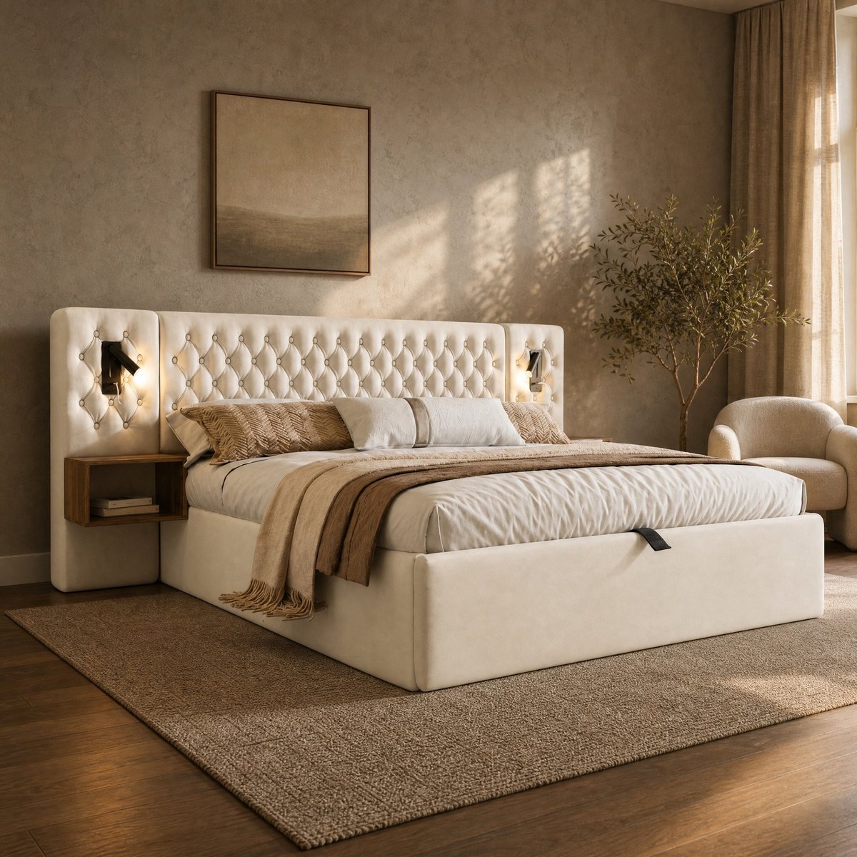 WUVRIE Opbergbed 160x200 cm met 2 nachtkastjes, leeslampen, USB/Type-C en fluwelen hoofdbord, beige