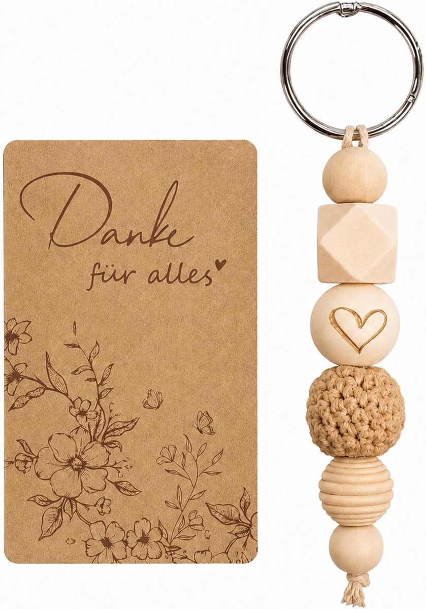 1 sleutelhanger met houten kralen en bedankkaart, gravure "Gracias para allo" – voor opvoeders, leraren, collega's, vriendin, buren, afscheid, verjaardag of Kerstmis