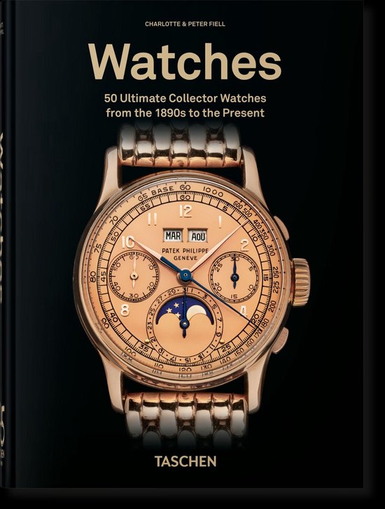 Boek kaft met een gouden Patek Philippe horloge, titel 'Watches 50 Ultimate Collector Watches'.
