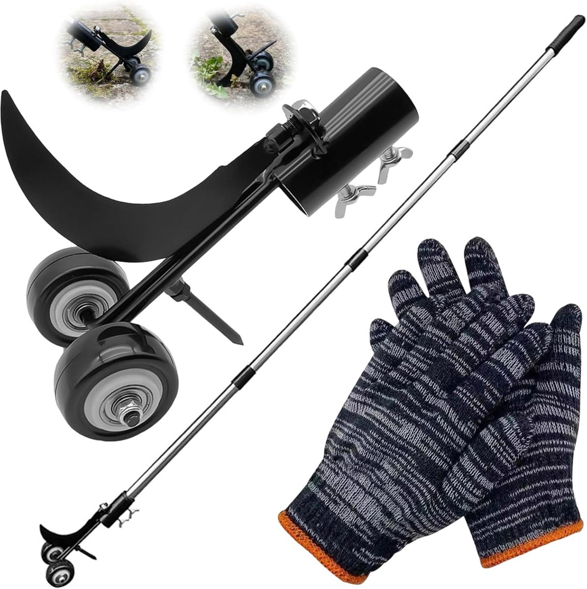 Onkruidverwijderaar met wielen, 165 cm telescoopsteel onkruidsteker, tuinonkruidverdelger met handschoenen, onkruidverwijderingsgereedschap voor opritten, terras, bestrating, openingen