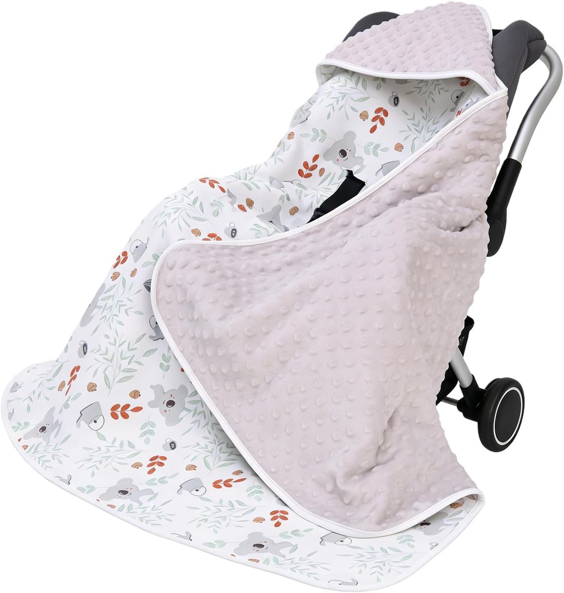 Wikkeldeken babyschaal met capuchon 90 x 90 cm: 100% katoen wikkeldeken voor babyzitje, dubbelzijdige babydeken, buggy, autostoel voor pasgeborenen en peuters (koala)
