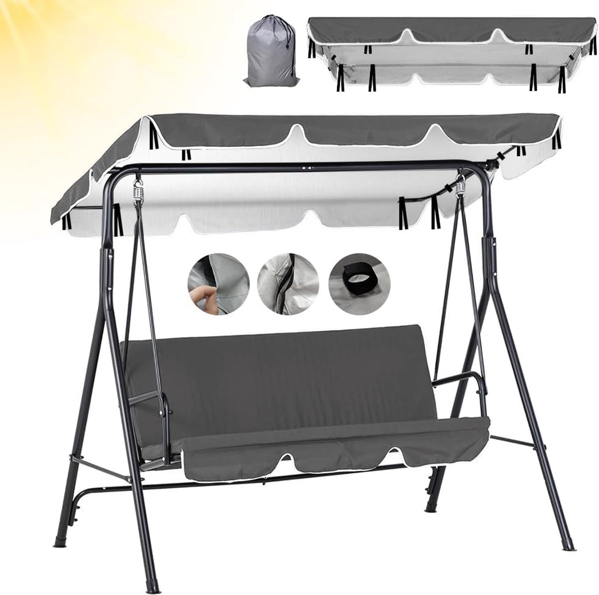 Schommelbank, dakbekleding, vervangend dak, schommelbank, 210 x 145 cm, 420D Oxford-dak, 3-zits, universeel dak, schommelbank, grijs, waterdicht, zonnedak voor schommelbank