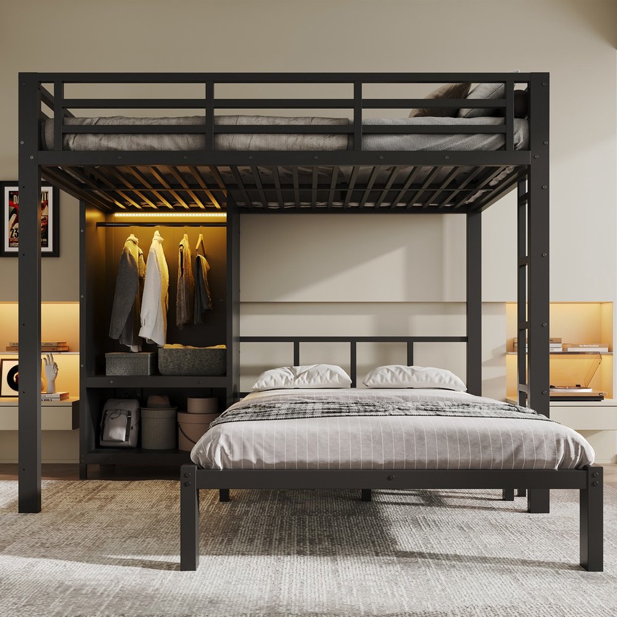 KOMHTOM Metalen bed 120 x 200 cm, stapelbed in zwart, stapelbed met 2 slaapplaatsen, rechte ladder, geïntegreerde kledingkast en led-verlichting