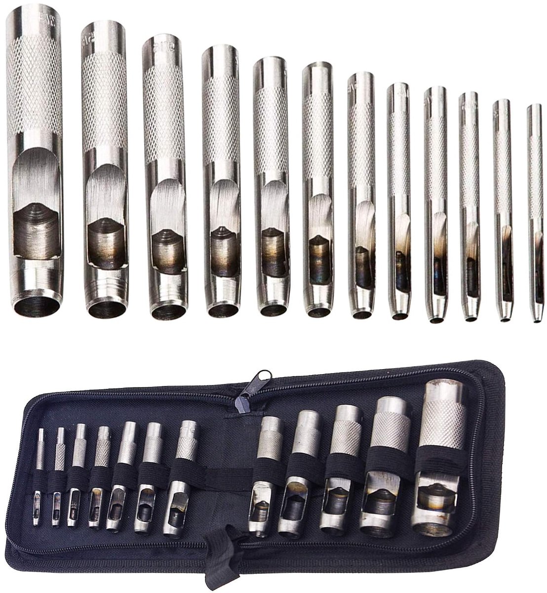 12 stuk, ronde stalen holle perforator set 3 mm tot 19 mm lederen ambachtelijke holle ponsgereedschap voor leer, riemen, schoenen, stoffen en andere items (metaal)