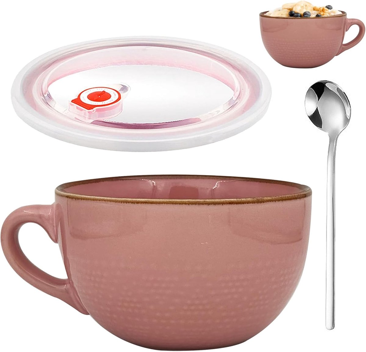 Mok van keramiek, 700 ml grote mueslikommen met handvat, grote soepkopjes met handvat, grote theekop, porseleinen koffie, koffiemok, mok voor cadeau, geschikt voor soepen, ramen, roze