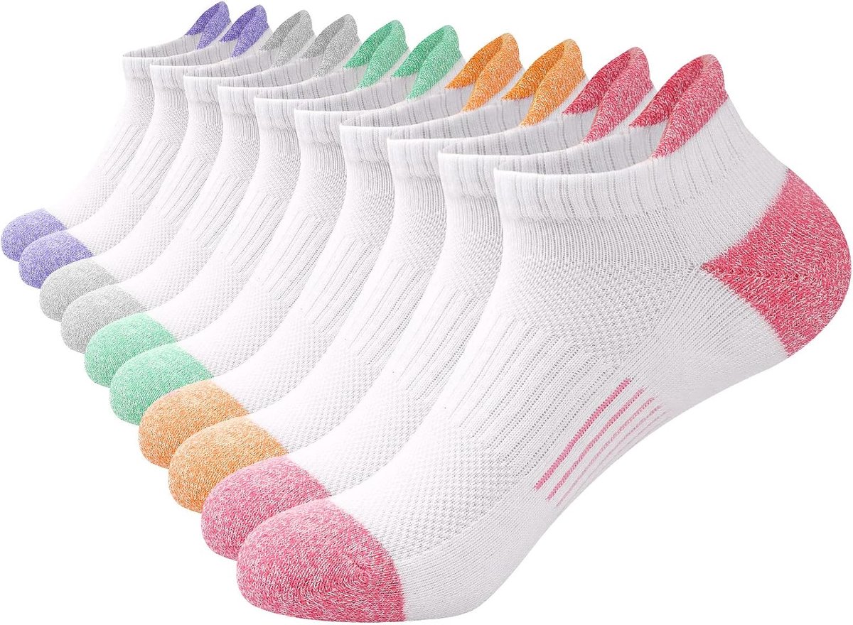 Sokken voor dames, 5 paar, enkelsportsokken voor vrouwen, gewatteerde ademende sokken, laag uitgesneden atletische sokken voor dames en meisjes
