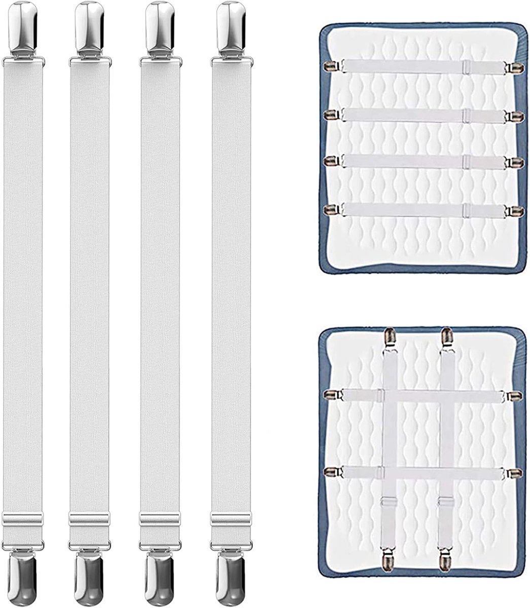 Lakenspanners 55-250 cm, elastische lakenspanners, witte lakenspanners met metalen clips, voor lakens, matras, strijkplank of bank (4PCS)