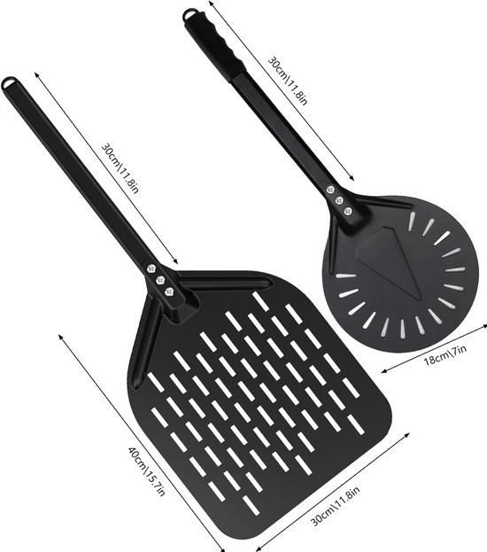 Pizzaschepset,pizzaschep geperforeerd aluminium comfortabele, afneembare steel Inclusief 7inch pizzadraaier en 12inch pizzaschep voor het draaien en verplaatsen van pizza's — afbeelding 2