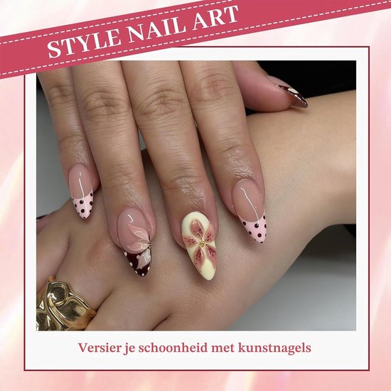 Press On Nails Medium Almond met Dot French Tip en 3D Bloem Design, Nagels om op te plakken als Fake Nails voor Dames — afbeelding 4