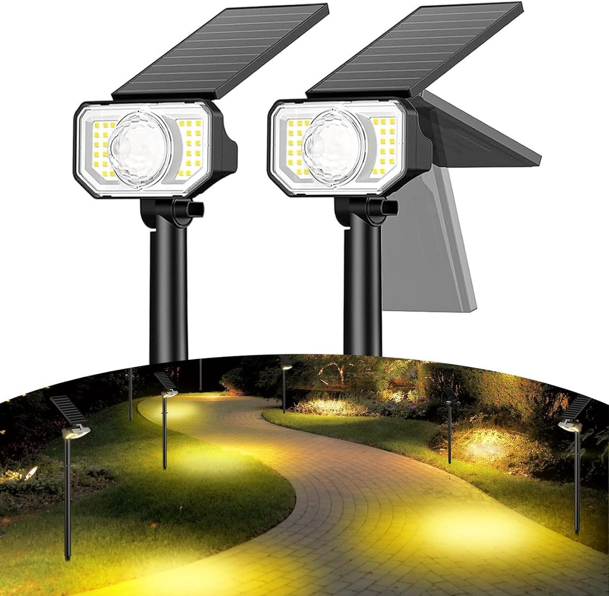 Solar Spot Lights Outdoor Tuin, 2-pack Heldere Pathway Lights met 3-verlichtingsmodi, Auto On/Off Multicolor Landscape Spotlights voor Tuin Yard Wall Lawn Warm Wit