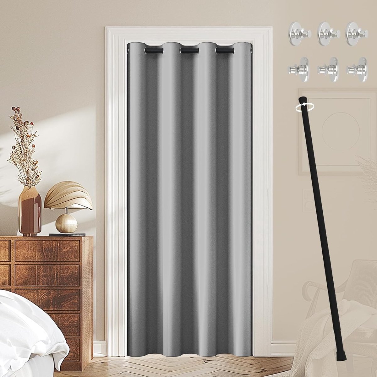 Verduisteringsgordijn voor binnen, met gordijnroede, 1 stuk, 132 x 195 cm, warmte-isolerend, voor slaapkamer, woonkamer, badkamer, zilvergrijs
