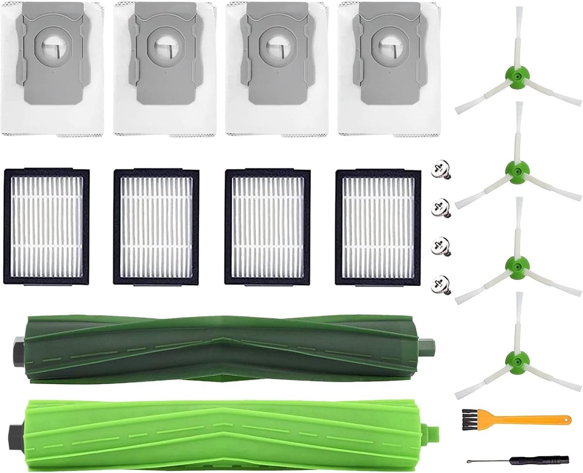 Reserveonderdelen accessoires voor iRobot Roomba i7/i7+/i3+/i4+/i6+/i8+/j7+, 20 stuks reserveonderdelenset bevat 2 hoofdborstels, 4 HEPA-filters, 4 stofzuigerzakken, 4 zijborstels, 1 schroevendraaier,