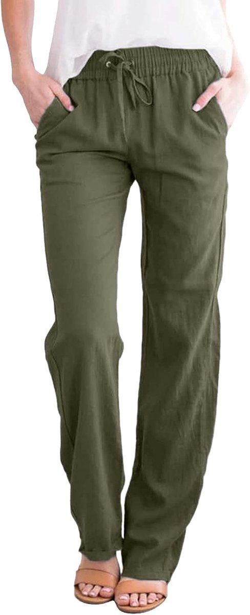 Damesbroek, casual katoenen linnen broek, zomerbroek met trekkoord en elastische taille met zakken, lichtgewicht, comfortabele, rechte broek